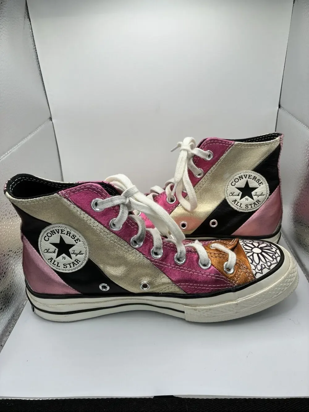 Converse Chuck 70 Metallic Rainbow Womens 7 Gold Pink Leather Hi Top Modified